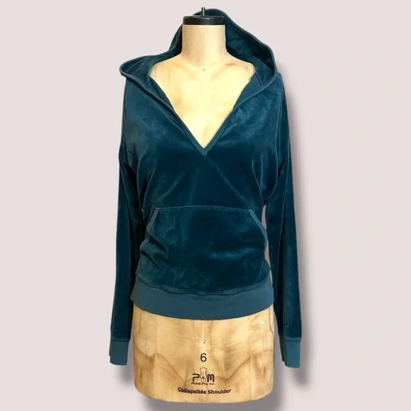 JUICY COUTURE Emerald Teal Green Pullover Hoodie Top Luxe Y2K Vintage Retro - Picture 1 of 7